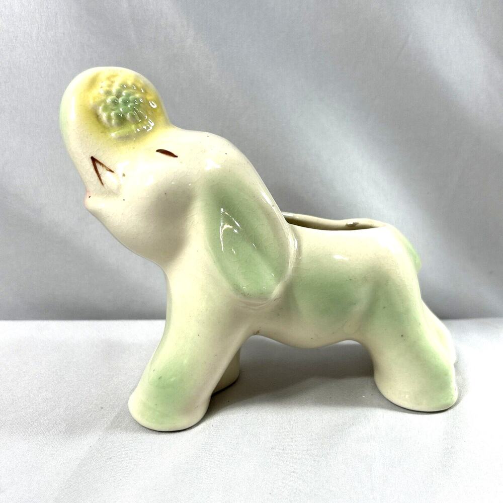 1940’s Shawnee Pottery 5-6” Green Elephant Planter Trunk Up With Flower Vintage